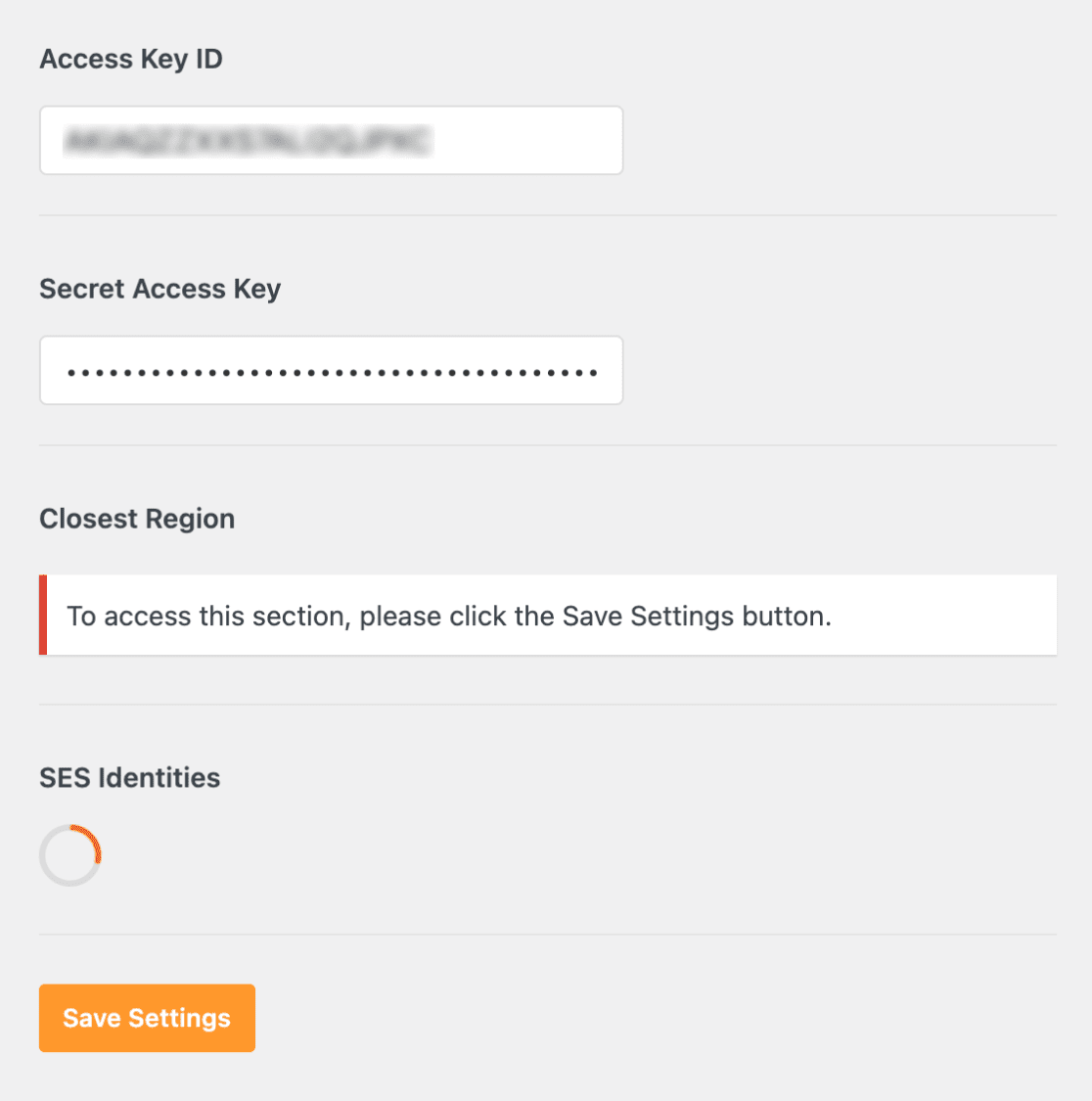Campos “ID da chave de acesso” e “Chave secreta de acesso” no WP Mail SMTP