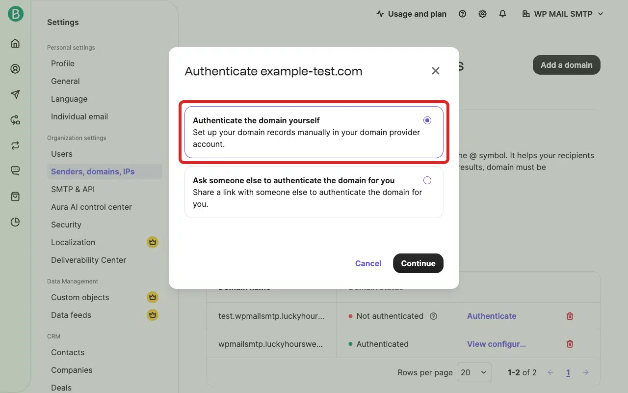 Select Authenticate the domain yourself