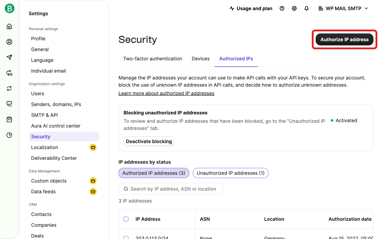 Klicken Sie auf „IP-Adresse autorisieren“