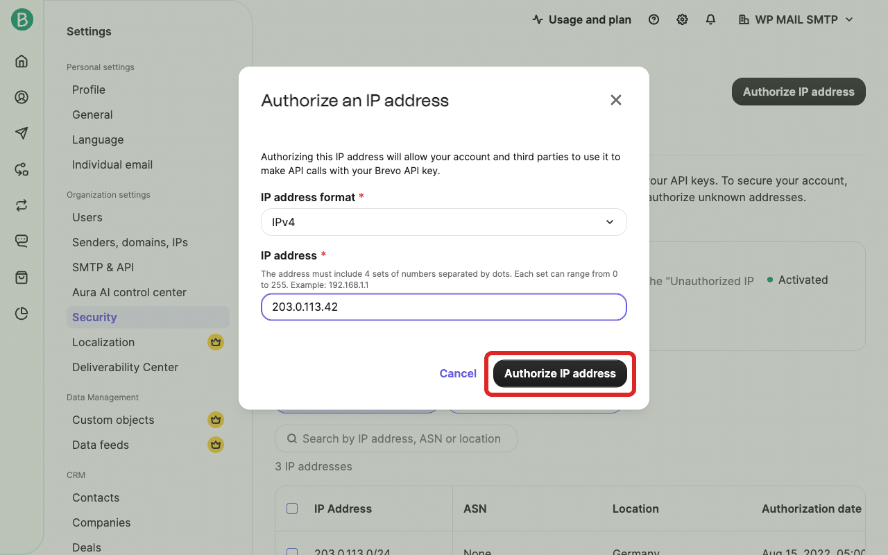 Klicken Sie auf „IP-Adresse autorisieren“, um zu senden