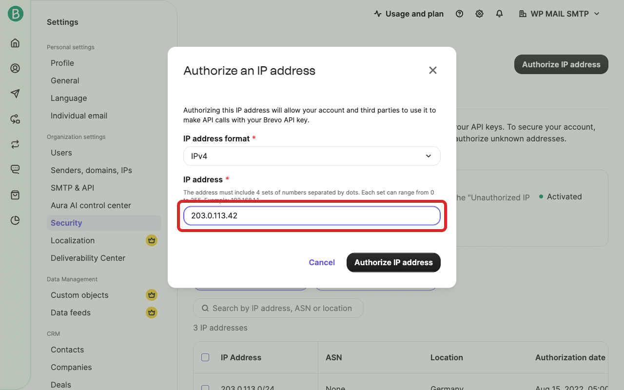 Geben Sie die ausgehende IP-Adresse Ihres Servers ein