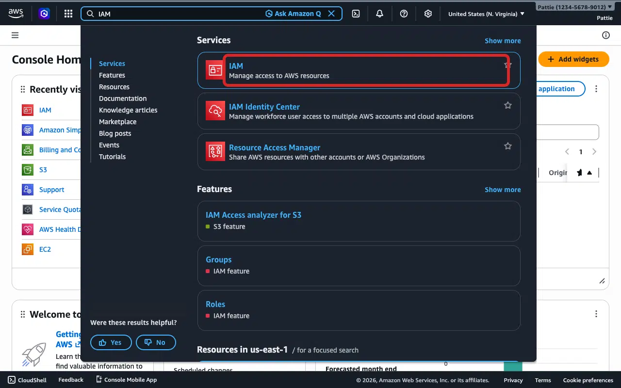 IAM search result in the AWS Console