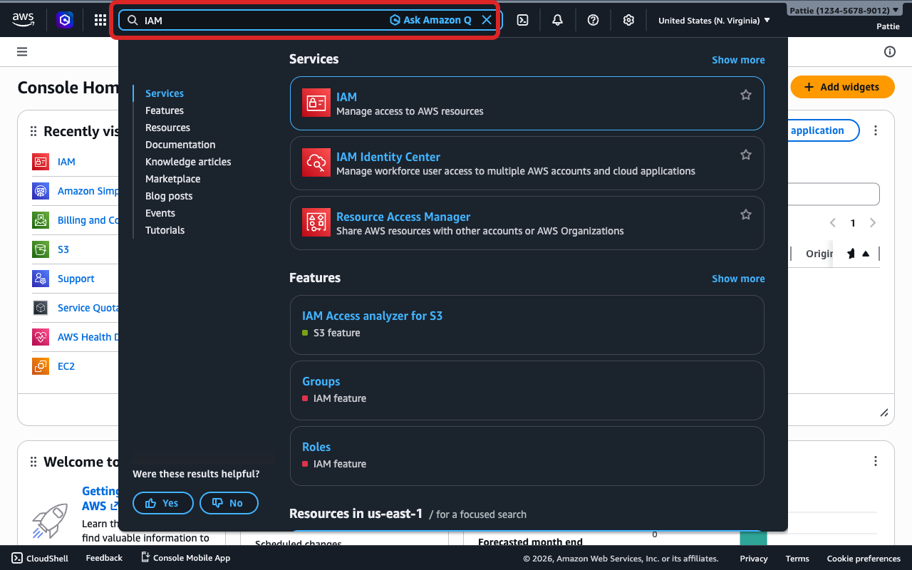 Console da AWS com “IAM” digitado na barra de pesquisa