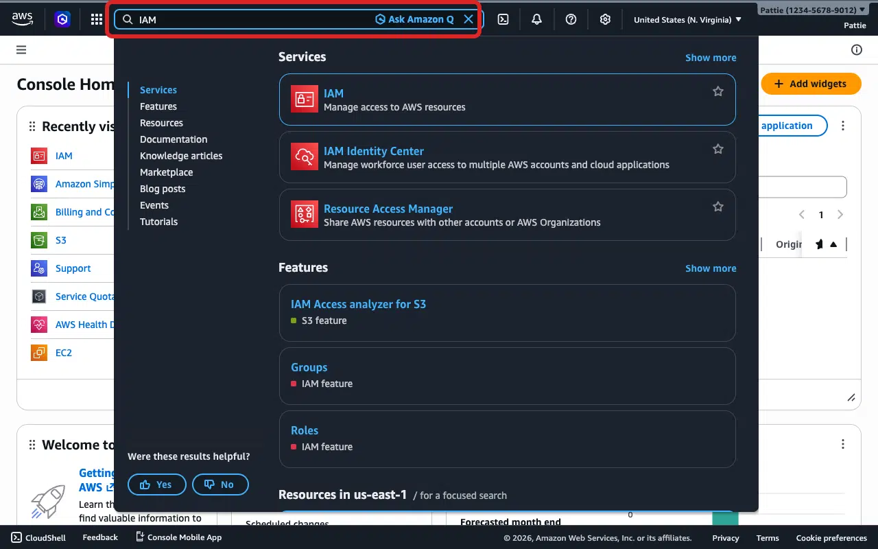 AWS Console with IAM typed in the search bar