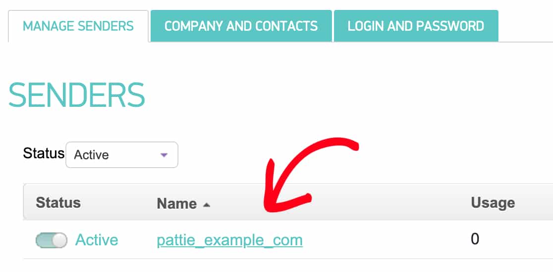 Kopiere den Wert aus der Spalte „Name“ auf der Seite „Absender“ von SMTP.com