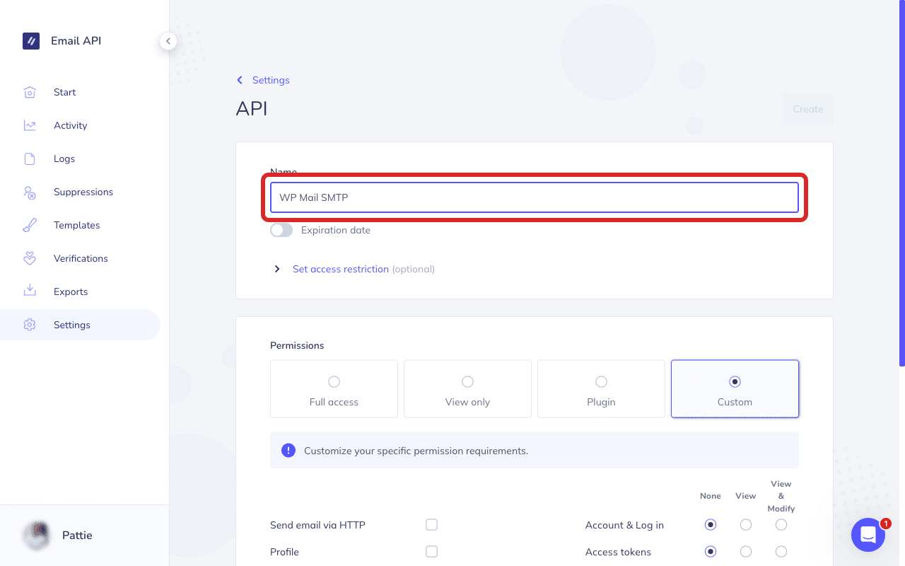 Introduce un nombre para la clave API