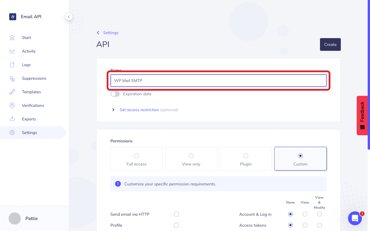 Introduce un nombre para la clave API