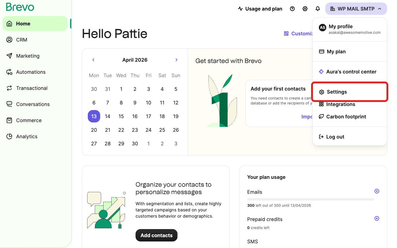 Clique em “Configurações” no menu suspenso