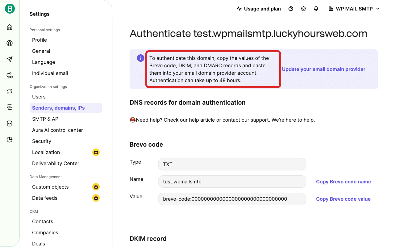 Página de registros DNS exibindo os registros do código Brevo, DKIM e DMARC