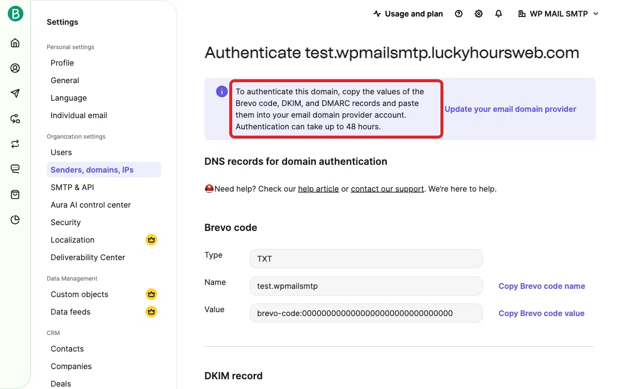 DNS records page showing the Brevo code, DKIM, and DMARC records