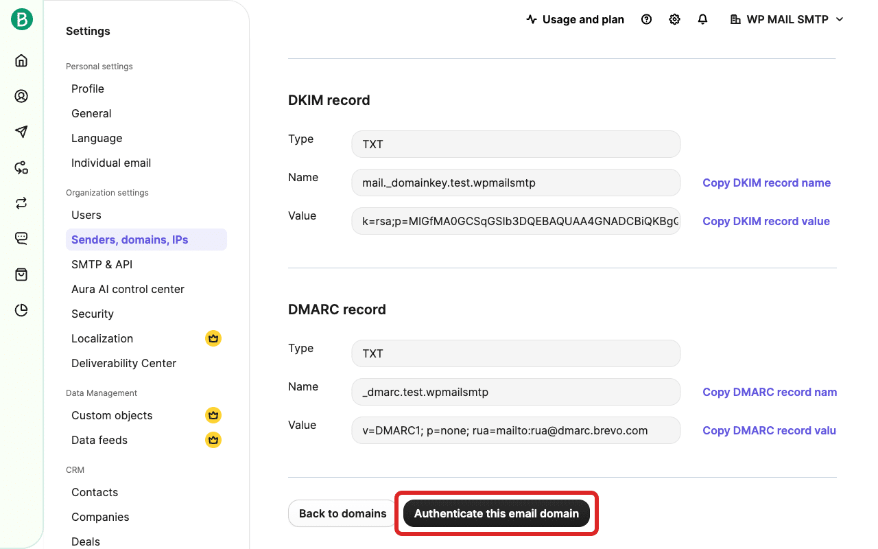 Clique em “Autenticar este domínio de e-mail”