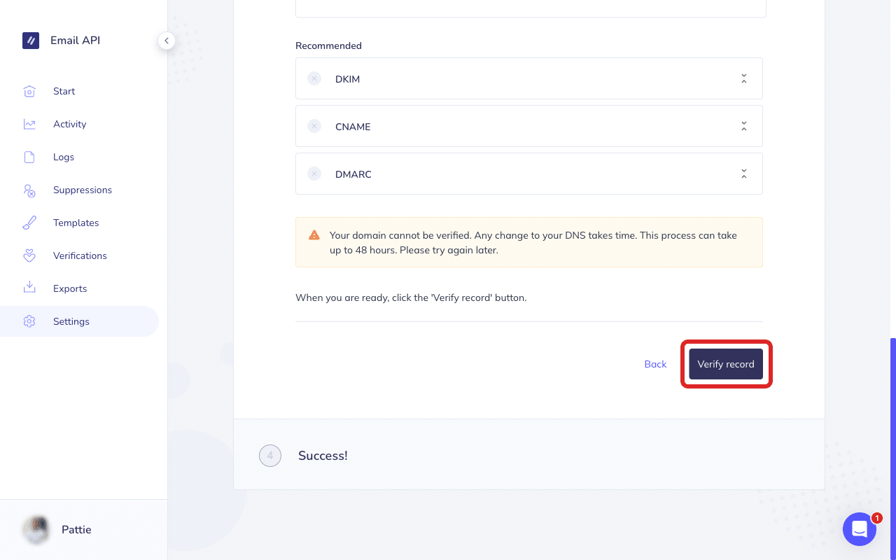 Haz clic en «Verificar registro» en Elastic Email