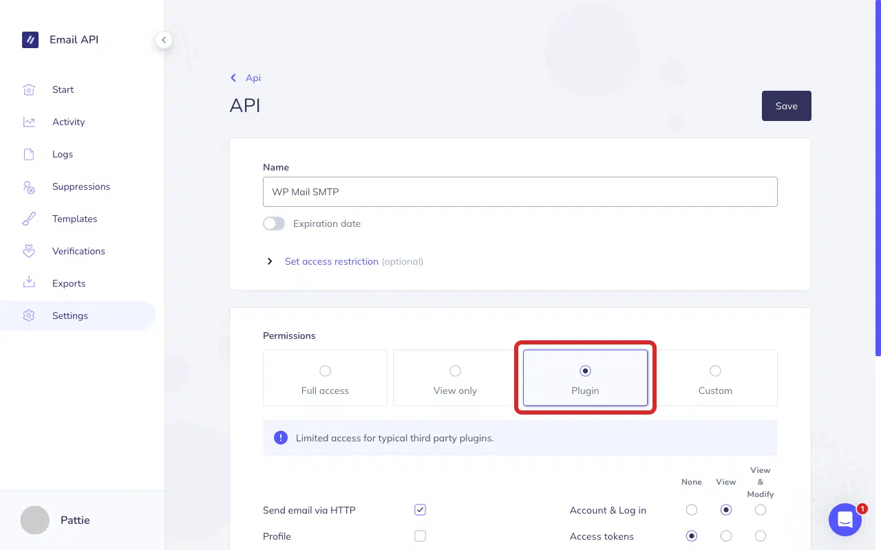 Select the Plugin permission level
