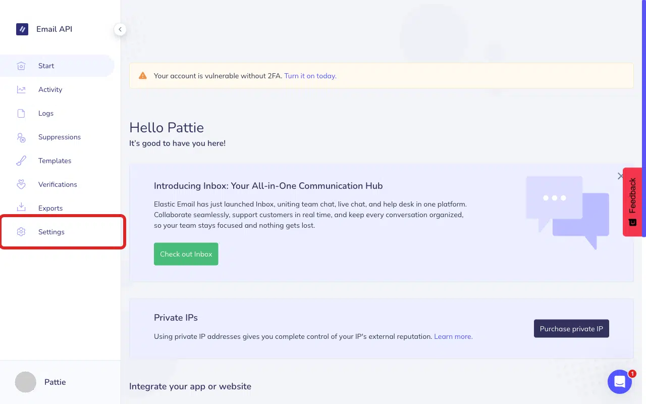 Click Settings in the Elastic Email sidebar
