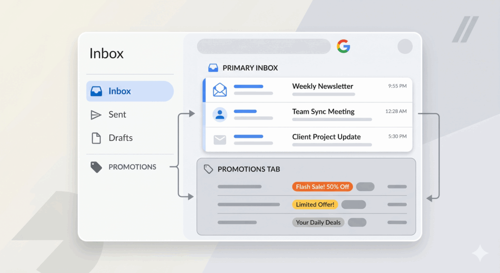 Digital illustration of an email app inbox with a left navigation (Inbox, Sent, Drafts, Promotions) and a right panel showing Primary Inbox and a Promotions tab with sample emails and promo badges.