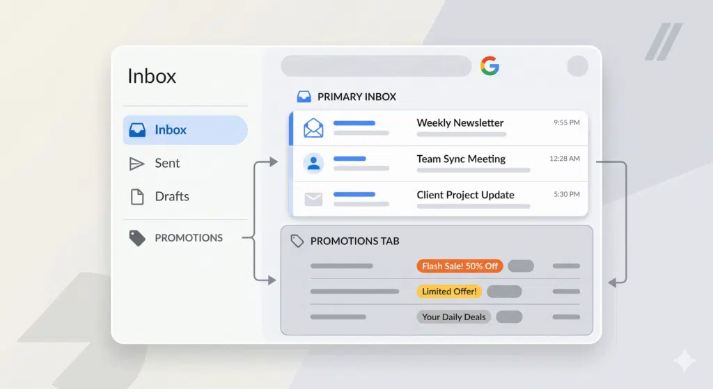 Digital illustration of an email app inbox with a left navigation (Inbox, Sent, Drafts, Promotions) and a right panel showing Primary Inbox and a Promotions tab with sample emails and promo badges.