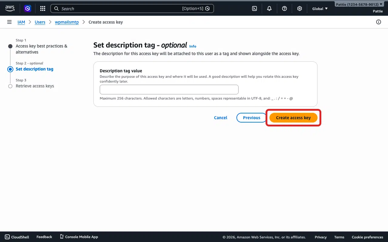 Create access key button on the description tag page