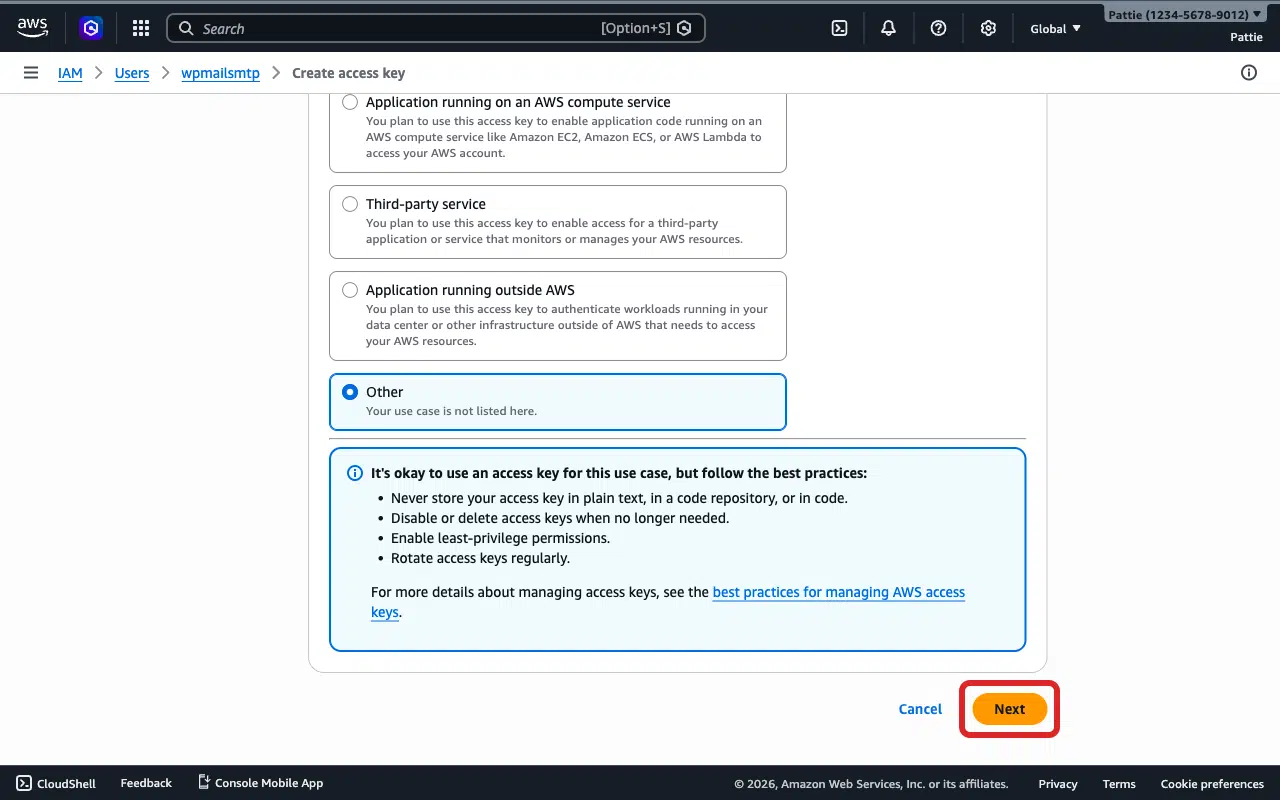 Next button in the Create access key wizard