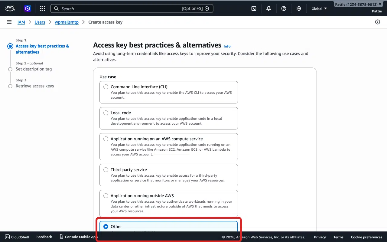 Create access key use case selection — select Other