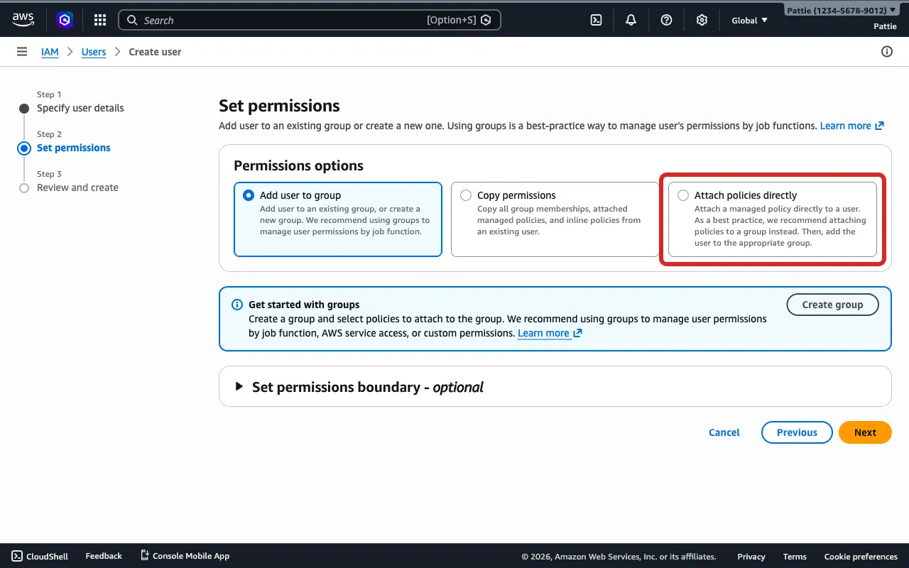 Attach policies directly option on the Set permissions page