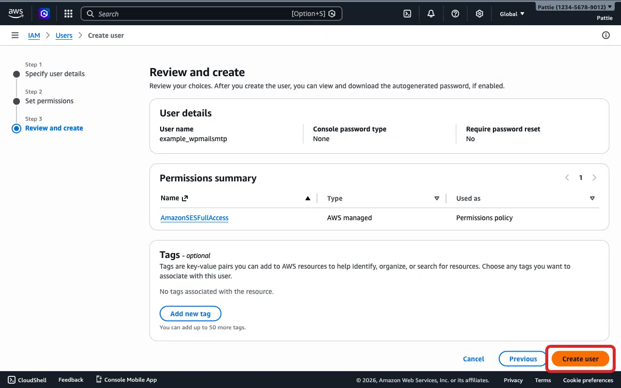 Create user button on the review page