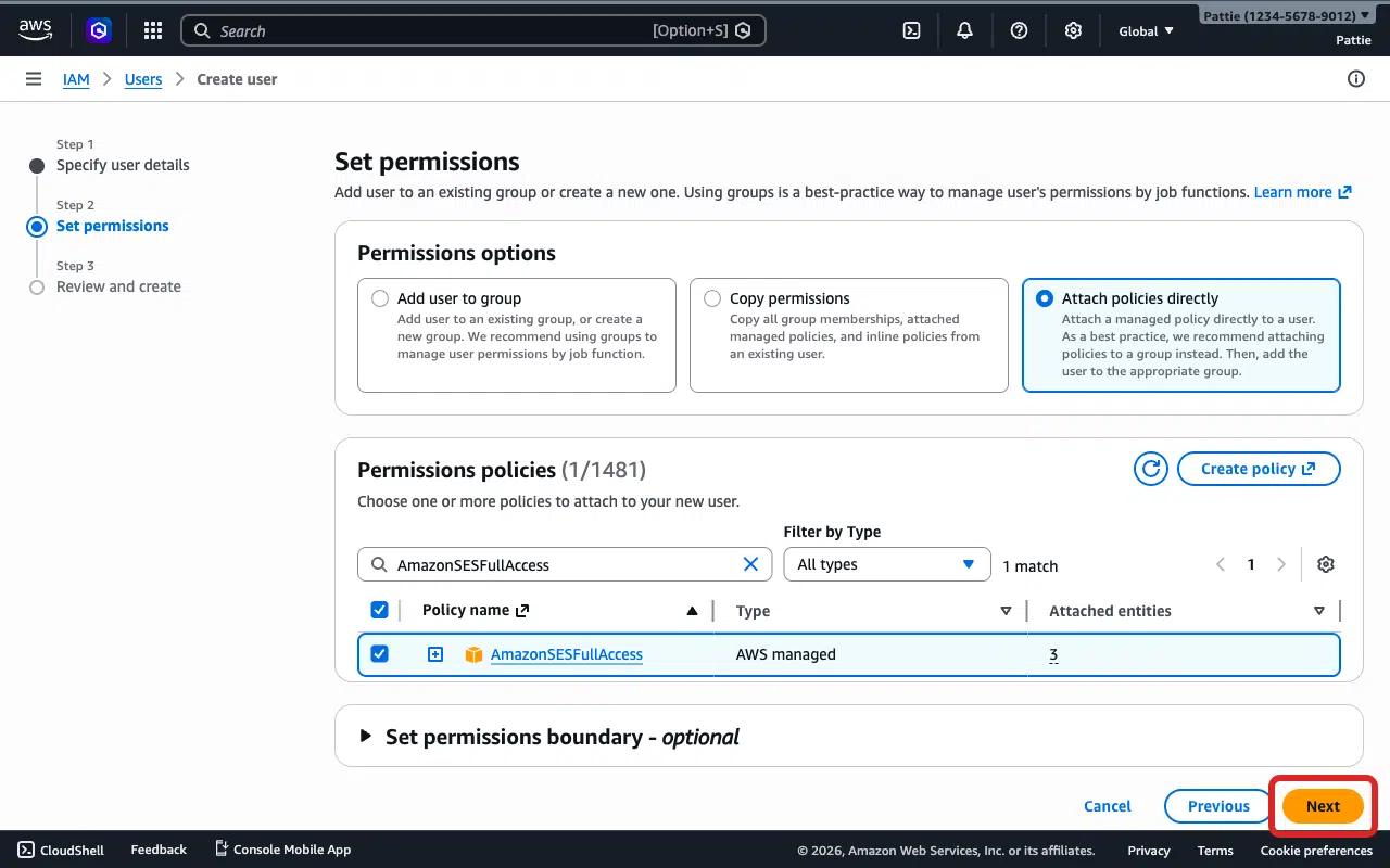 Next button on the Set permissions page