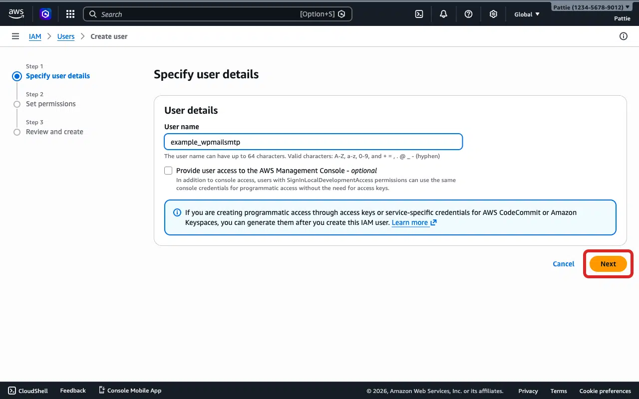 Next button on the Create user wizard