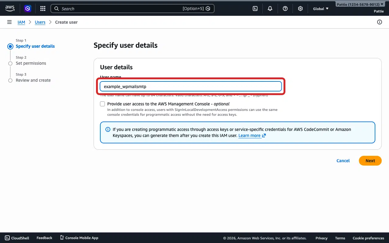 User name entry field in Create user wizard