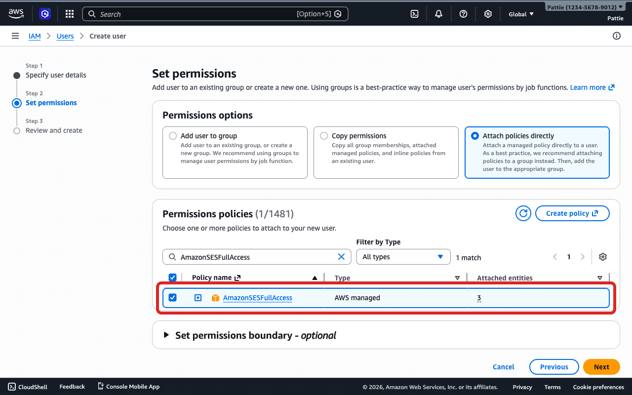Política AmazonSESFullAccess selecionada no assistente de criação de usuário