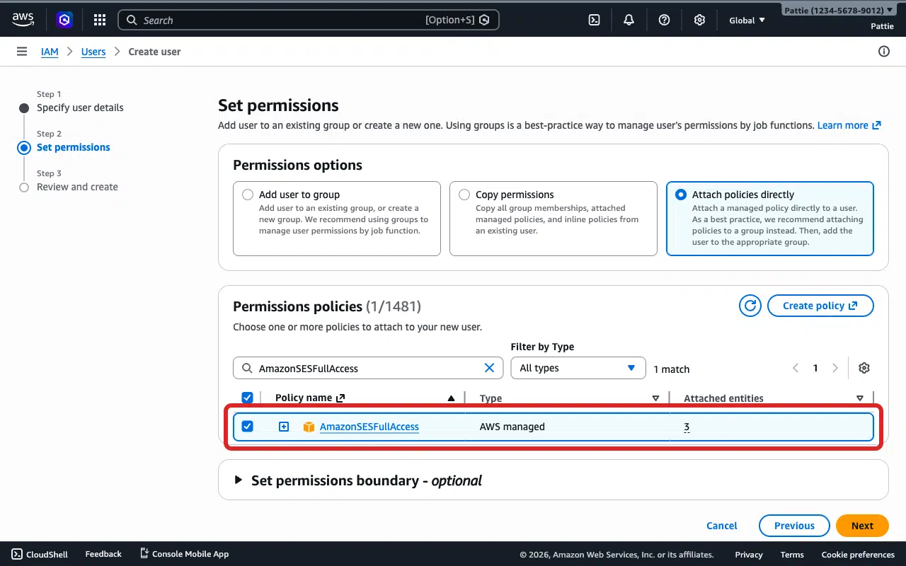 AmazonSESFullAccess policy selected in the Create user wizard