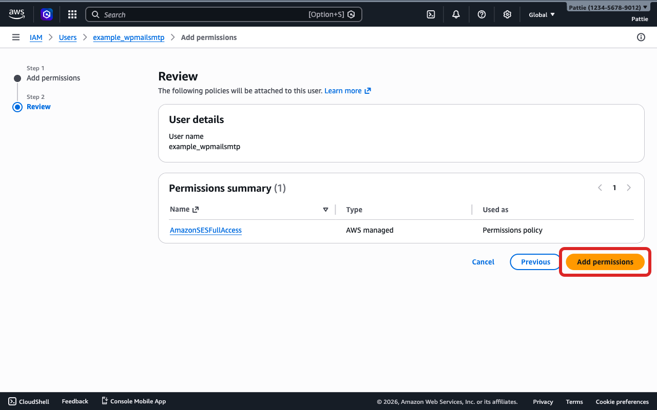 Botão “Adicionar permissões” na página de revisão
