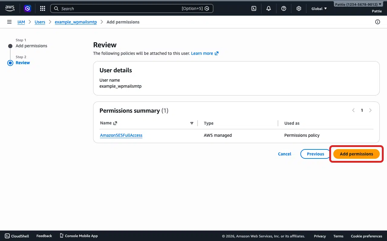 Add permissions button on the review page