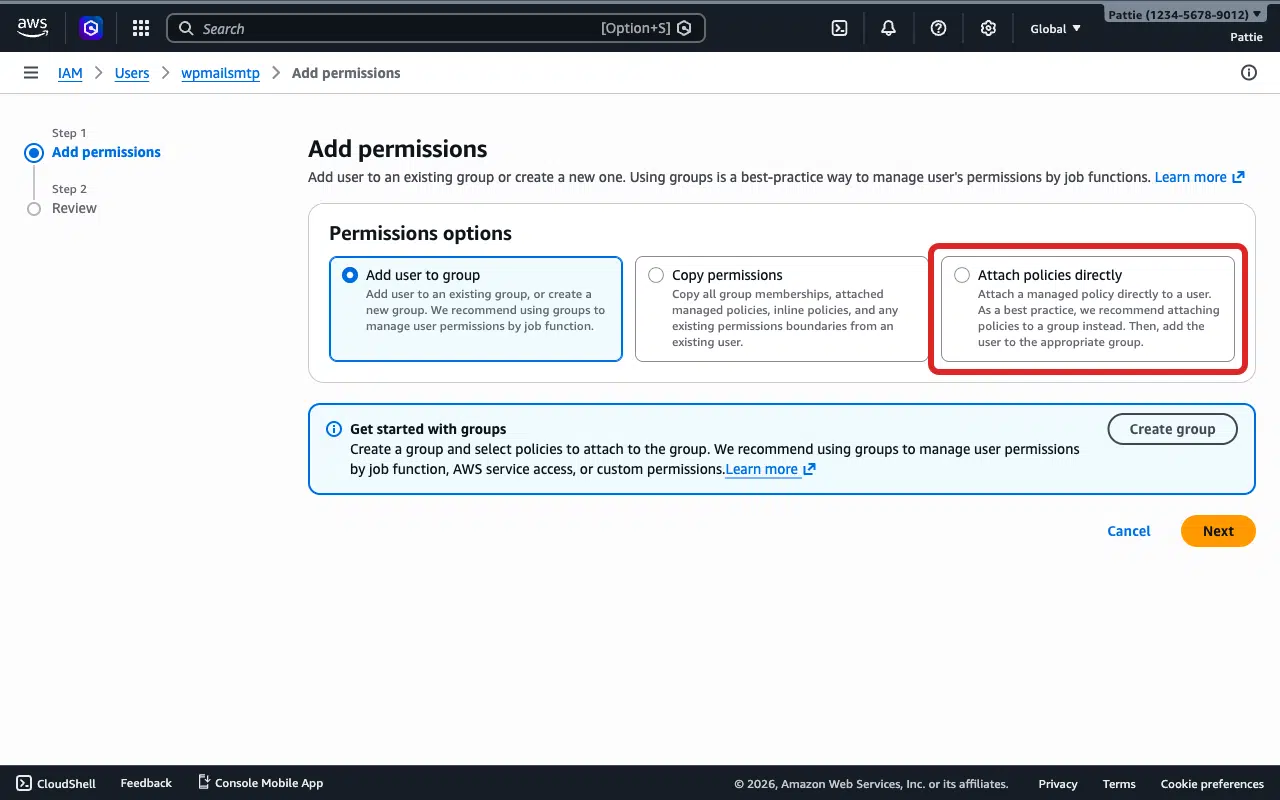 Attach policies directly option on the Set permissions page