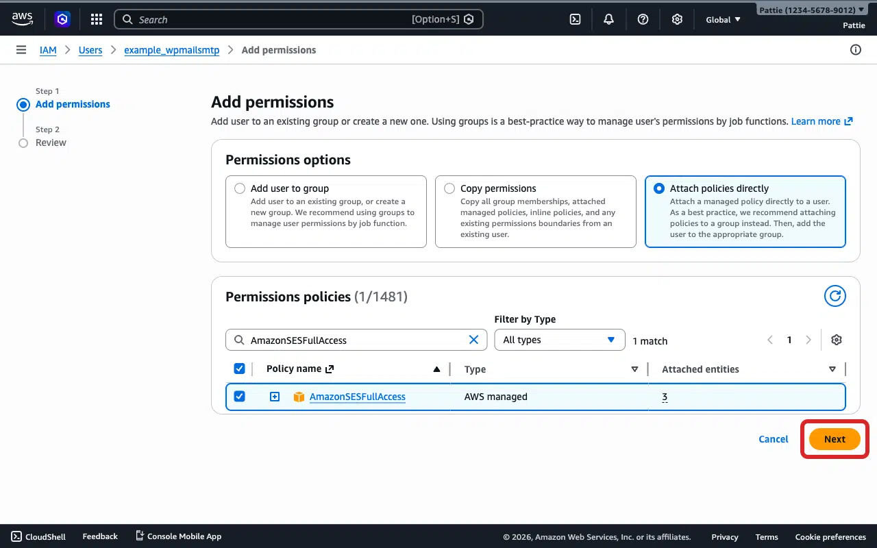 Next button on the Set permissions page