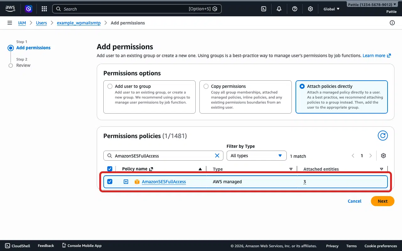 AmazonSESFullAccess policy selected in the search results