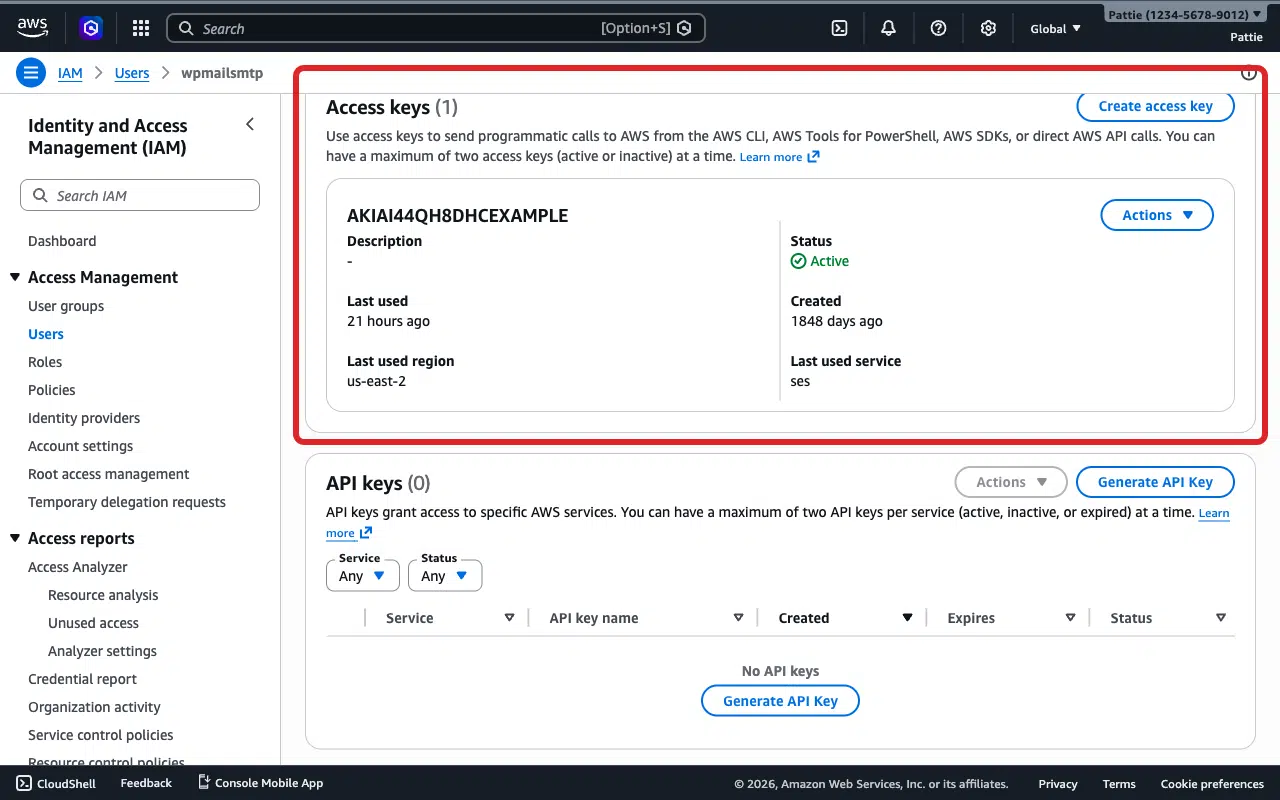 Access keys section showing status and Create access key button