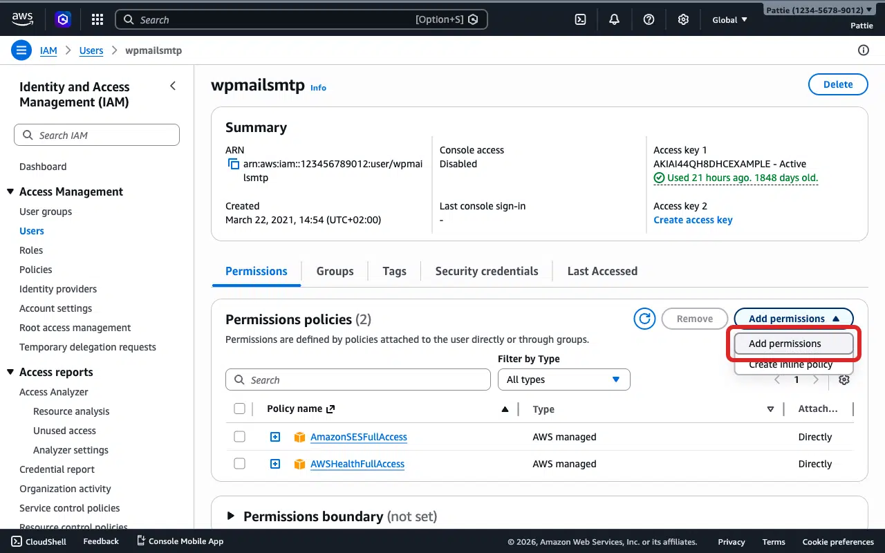 Add permissions dropdown showing Add permissions and Create inline policy options