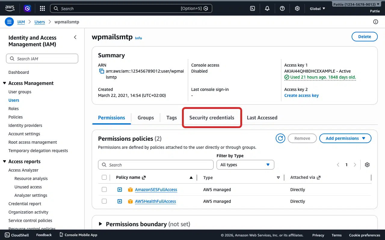 Security credentials tab on user detail page