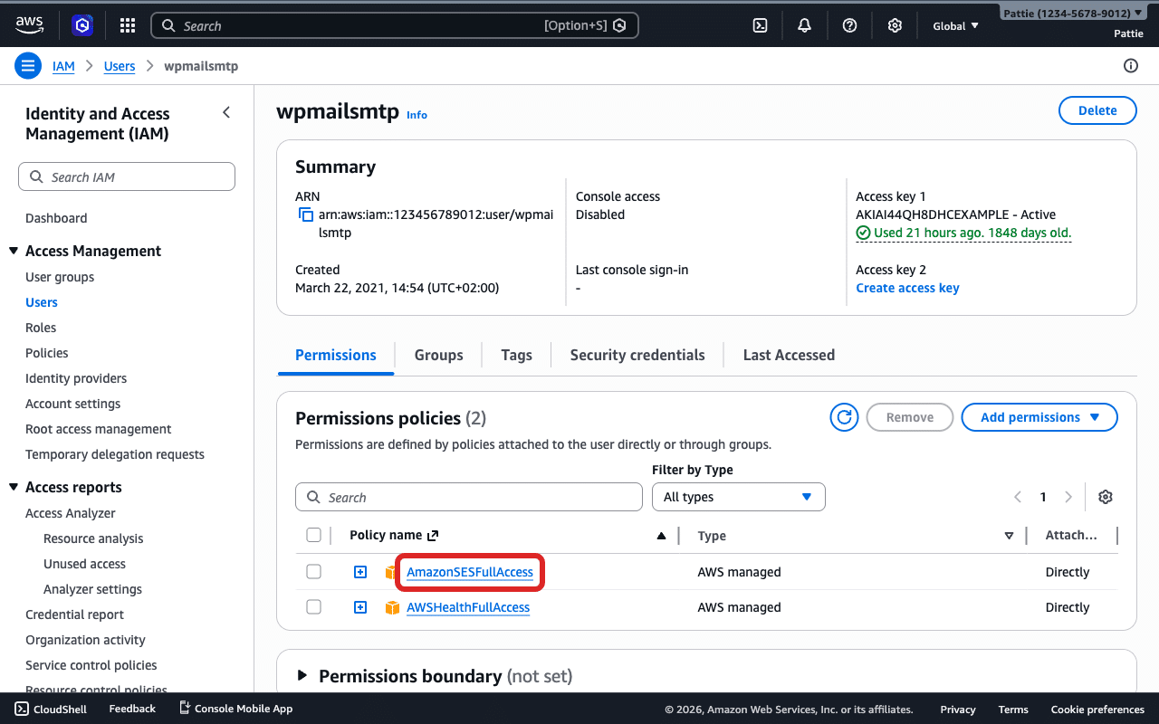 Guia "Permissões" exibindo a política AmazonSESFullAccess