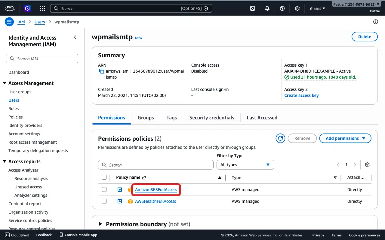 Permissions tab showing AmazonSESFullAccess policy