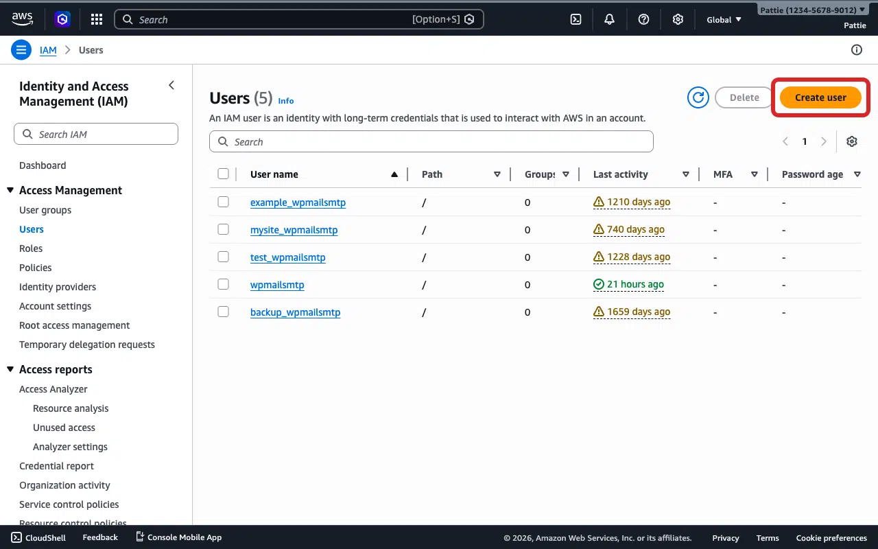 Users list with Create user button