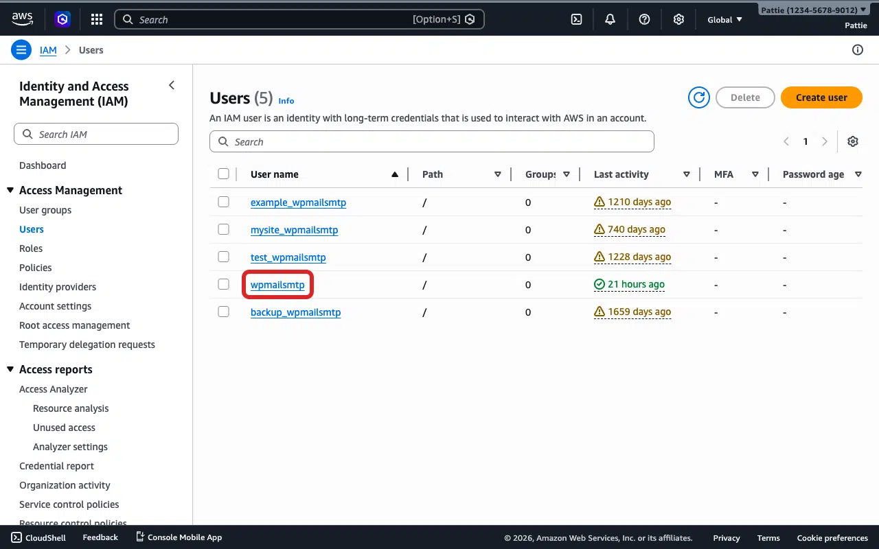 IAM Users list showing user names