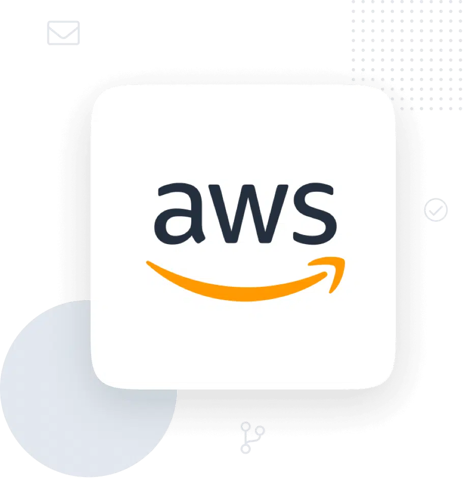 illustration-hero-aws - WP Mail SMTP Amazon Web Services (AWS) logo on a white rounded-square tile against a green decorative background.