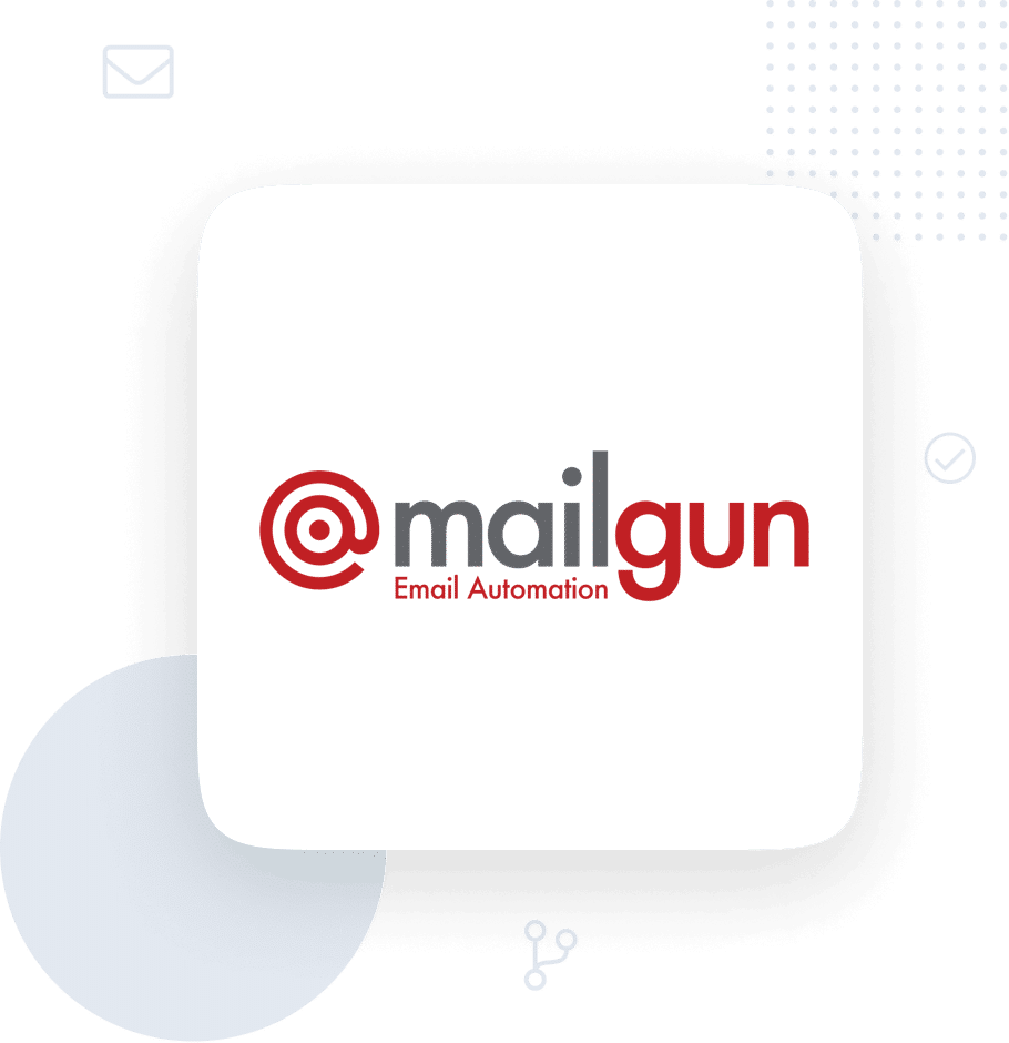 Logótipo da Mailgun com o texto «Email Automation» num quadrado arredondado branco sobre um fundo verde com formas decorativas