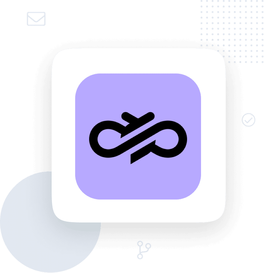 illustration-hero-mailjet - WP Mail SMTP Purple rounded-square app icon with a black intertwined looping symbol.