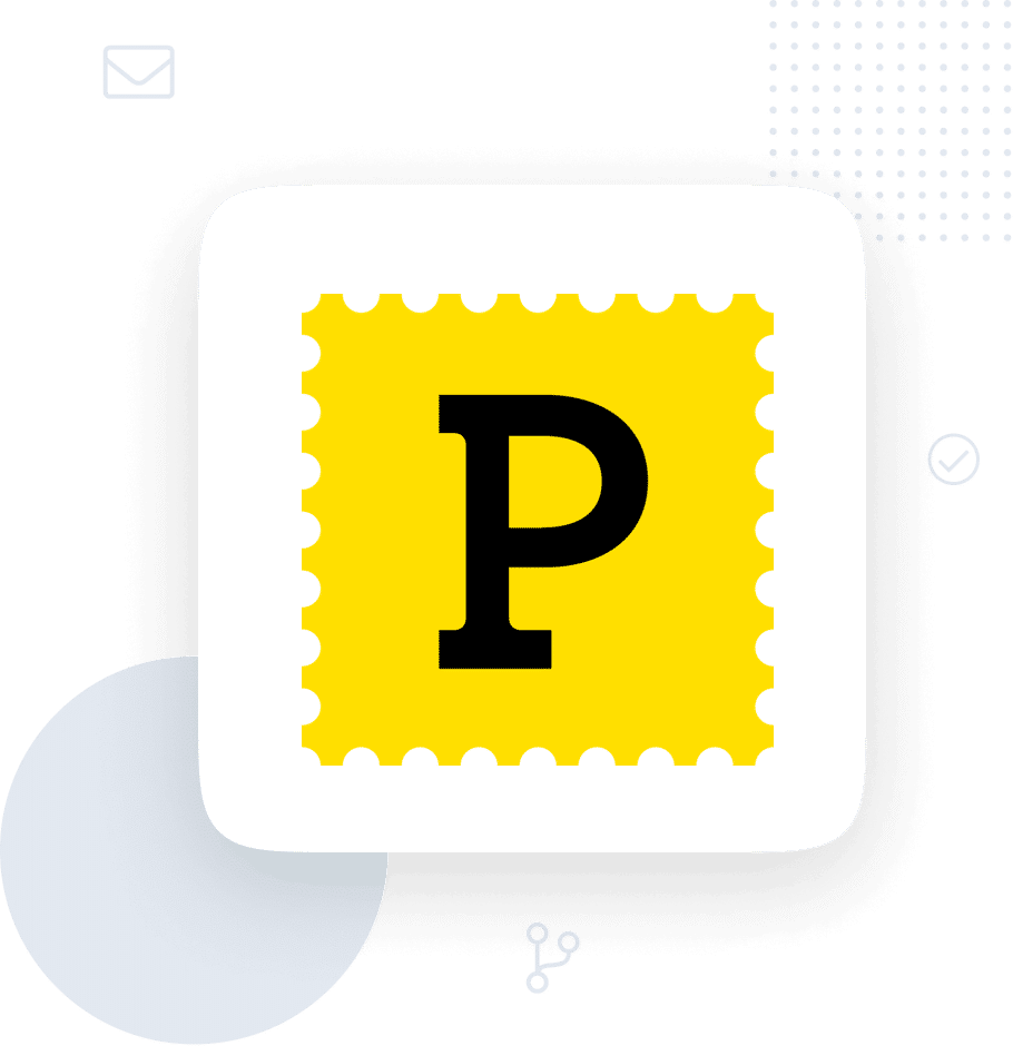 Selo postal amarelo com um «P» preto em negrito num quadrado arredondado branco sobre um fundo verde.