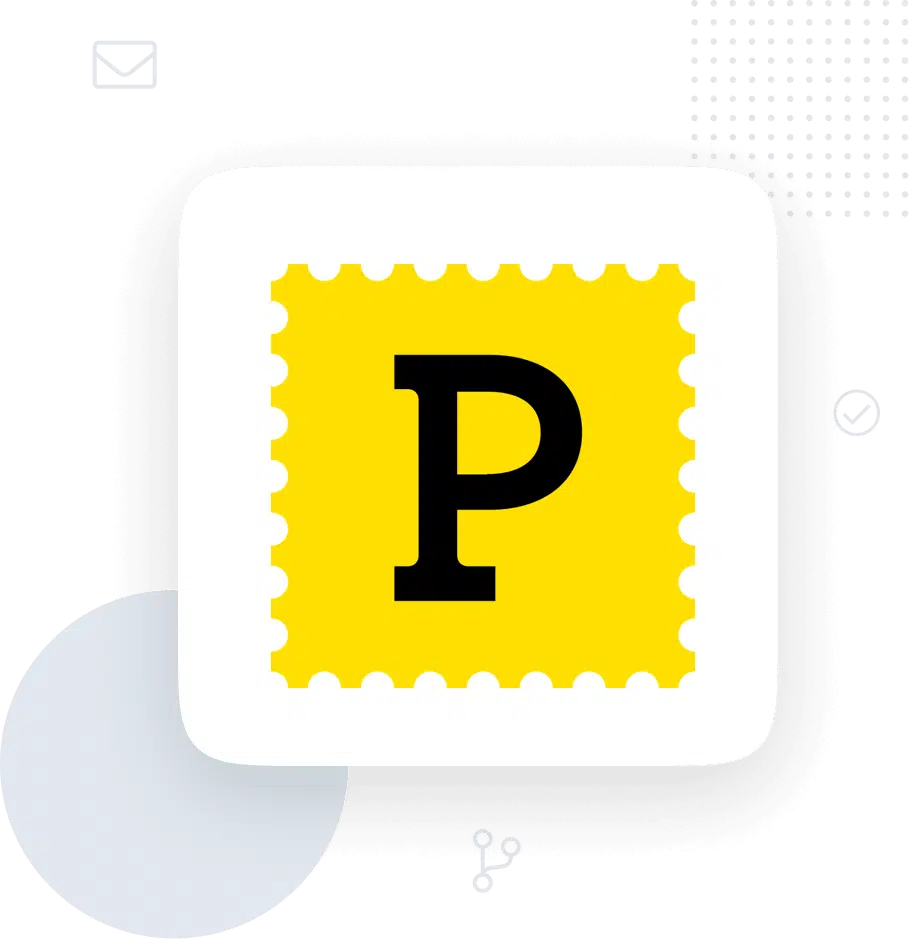 Yellow postage stamp with a bold black'P' on a white rounded square against a green background.