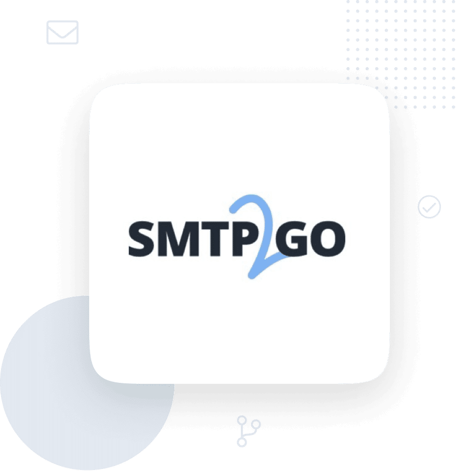illustration-hero-smtp2go - WP Mail SMTP SMTP2GO logo centered on a white rounded square with a black decorative background
