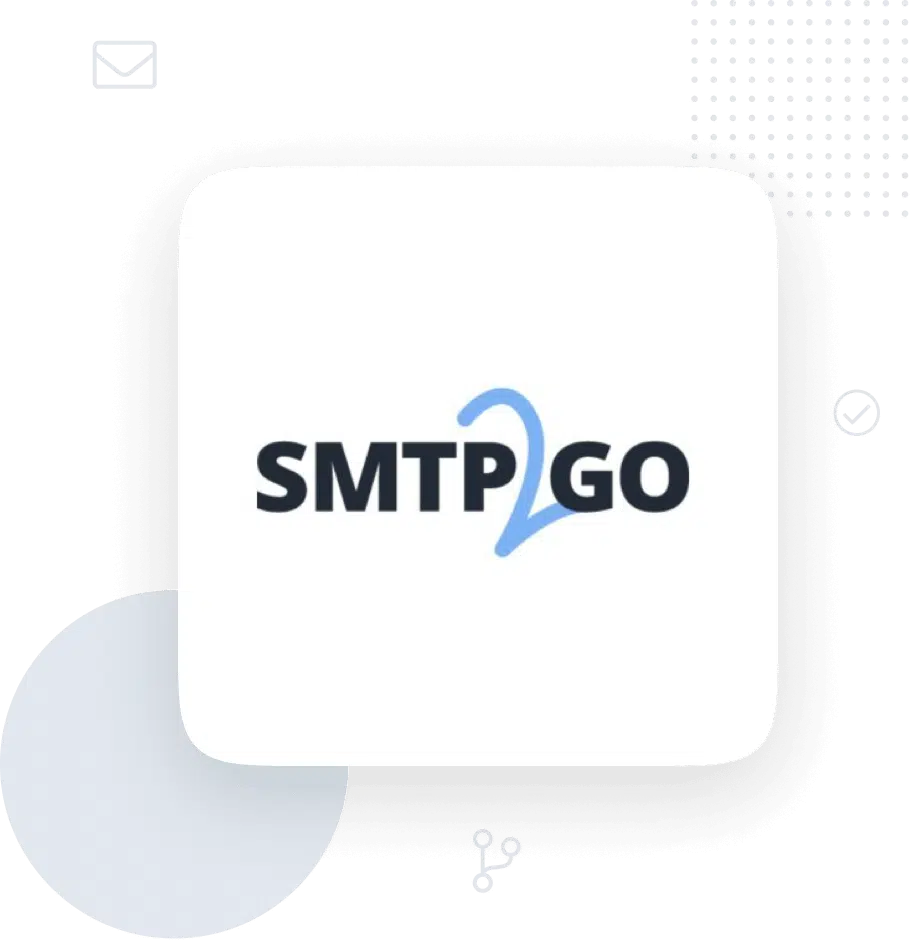 SMTP2GO logo centered on a white rounded square with a black decorative background