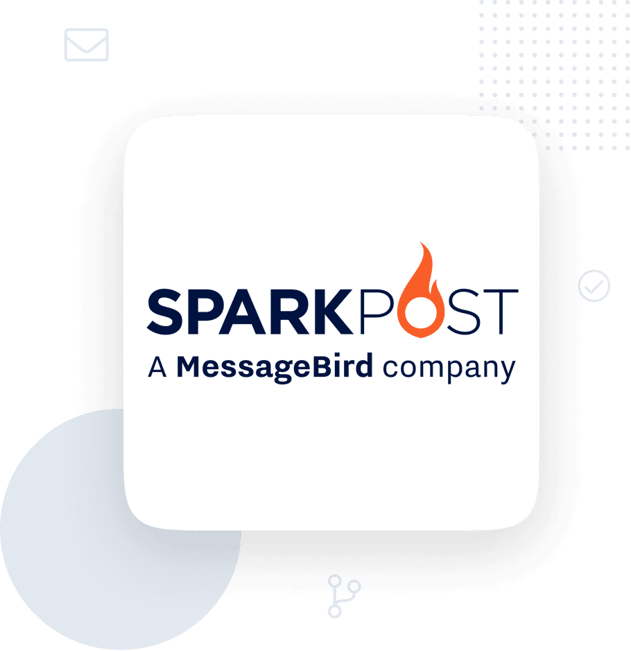 Logótipo da SparkPost com a menção «Uma empresa da MessageBird» num quadrado arredondado branco sobre um fundo abstrato verde.